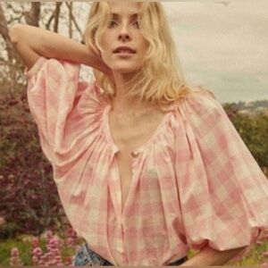 Doen Pink and Cream Gingham Puff-Sleeve Blouse